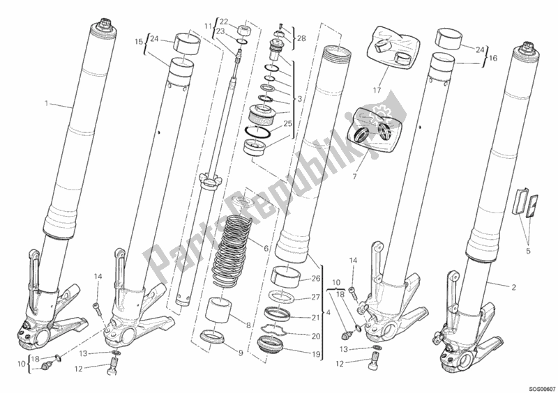 All parts for the Front Fork of the Ducati Diavel USA 1200 2012